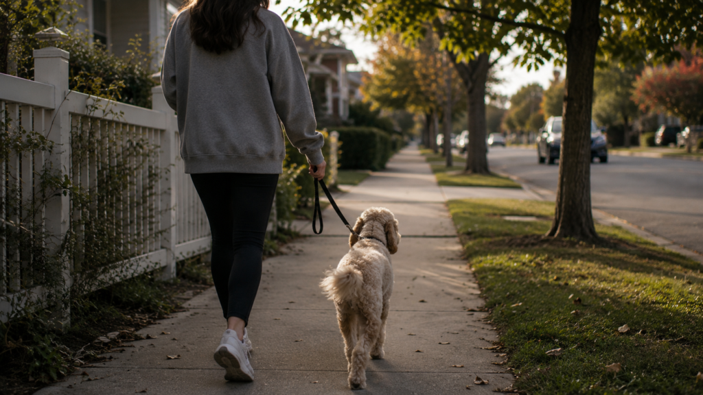 A person walking a dog on a quiet neighborhood street in the morning